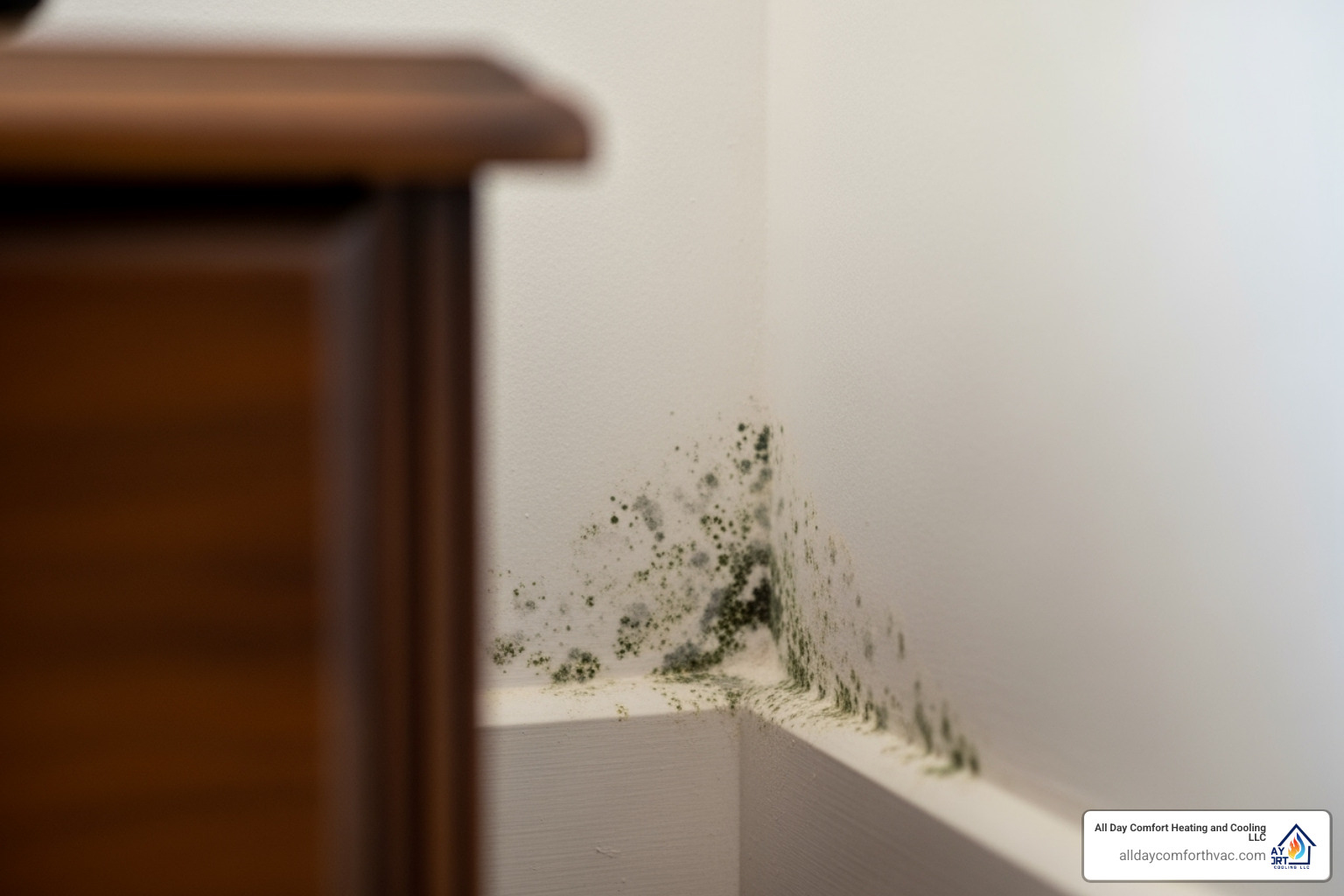 subtle mold growth on a wall corner or behind furniture - indoor air quality testing independence mo