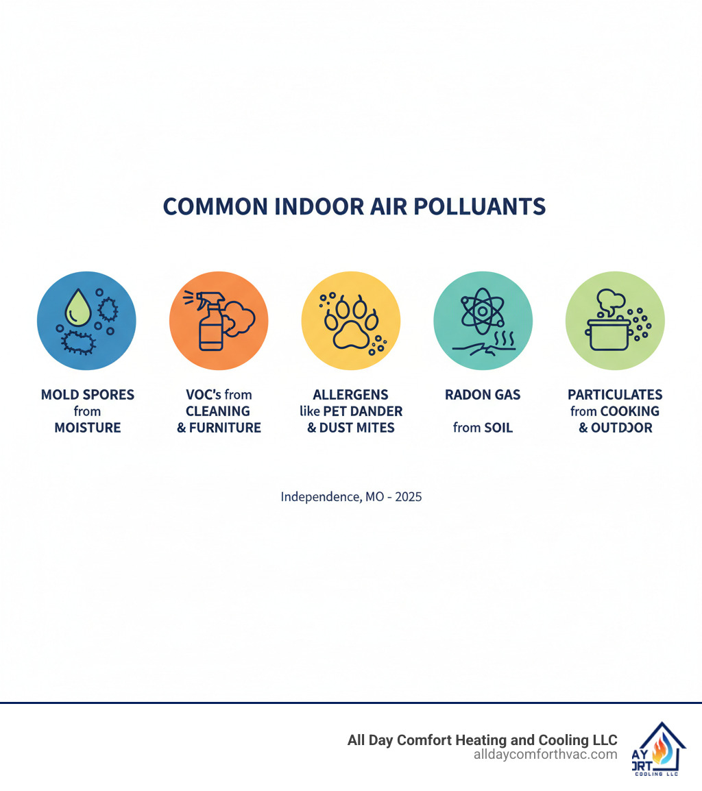 infographic showing common indoor air pollutants including mold spores from moisture, VOCs from cleaning products and furniture, allergens like pet dander and dust mites, radon gas from soil, and particulates from cooking and outdoor sources - indoor air quality testing independence mo infographic 