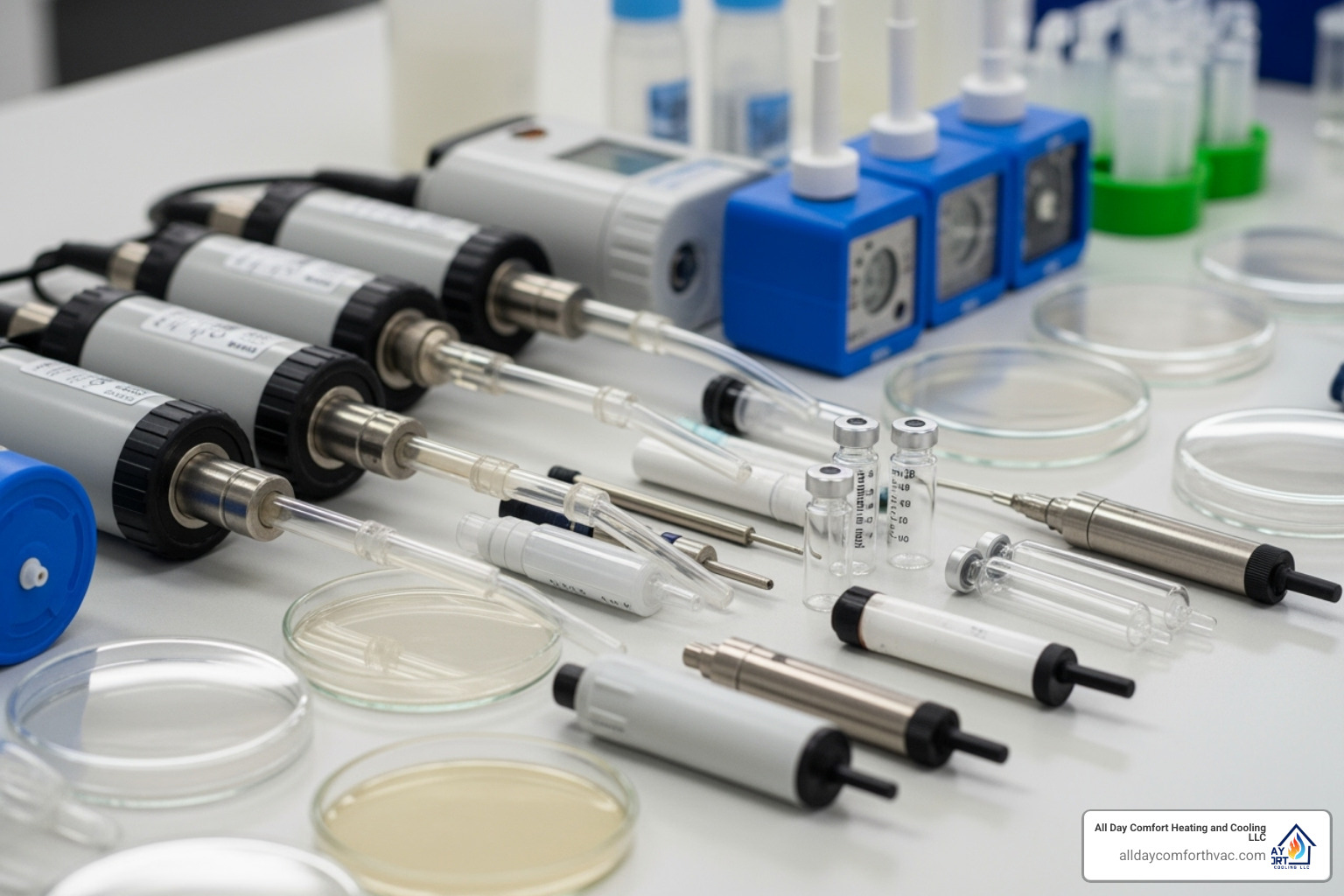 various air quality testing tools and sample containers - indoor air quality testing independence mo