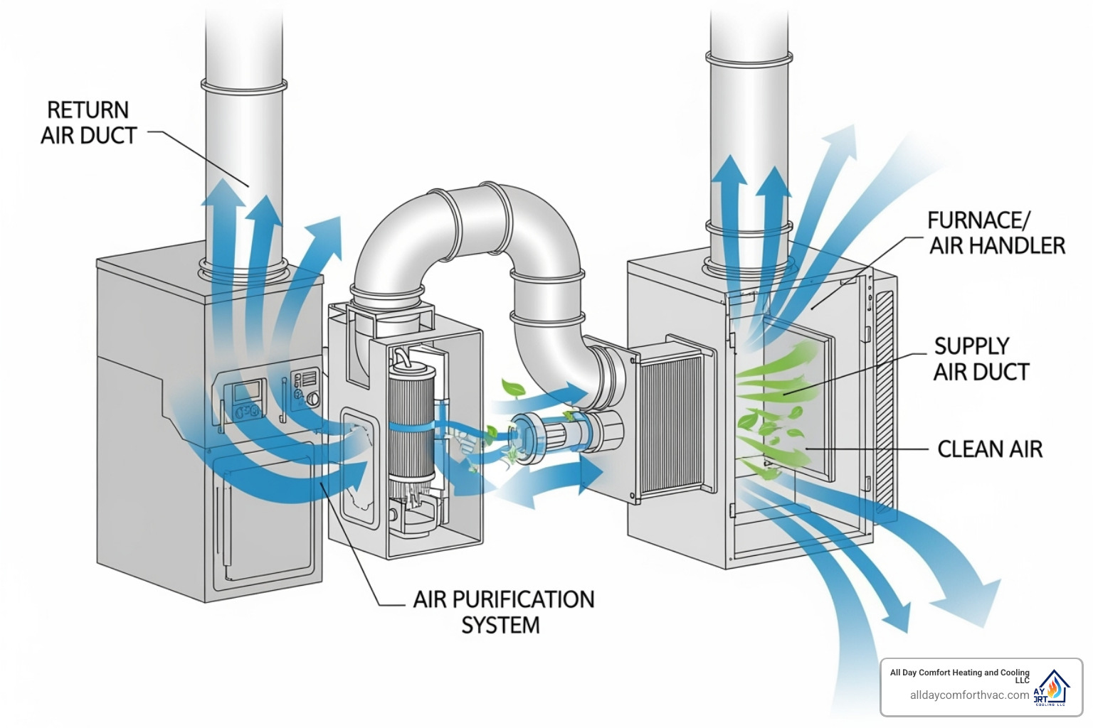A diagram showing a whole-home air purification system integrated into an HVAC system, with arrows indicating air flow through the purifier and throughout the home's ductwork. - air purification system install kansas city