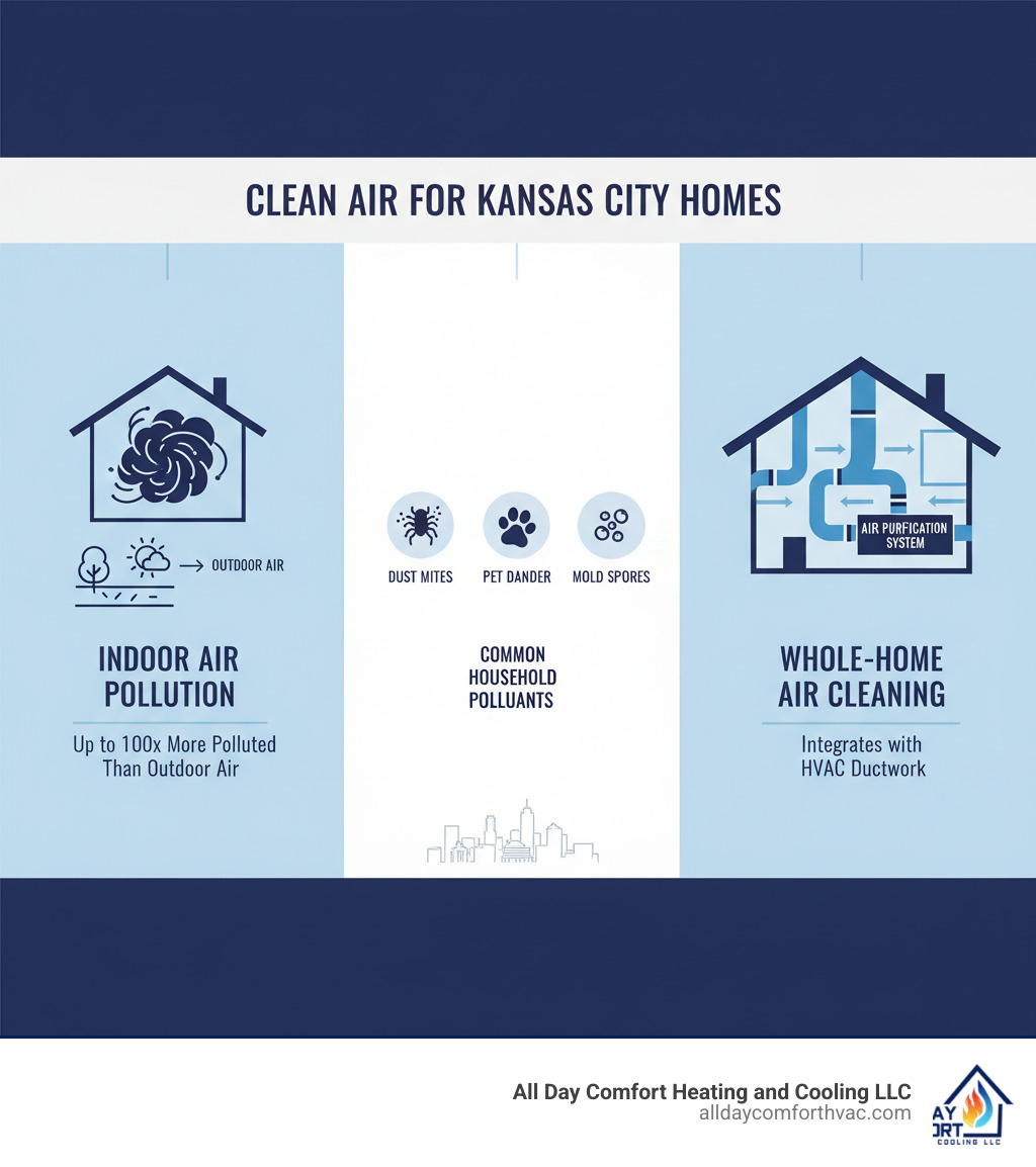 Infographic showing indoor air pollution levels compared to outdoor air, common household pollutants like dust mites and pet dander, and how whole-home air purification systems integrate with HVAC ductwork to provide comprehensive air cleaning throughout Kansas City homes - air purification system install kansas city infographic 