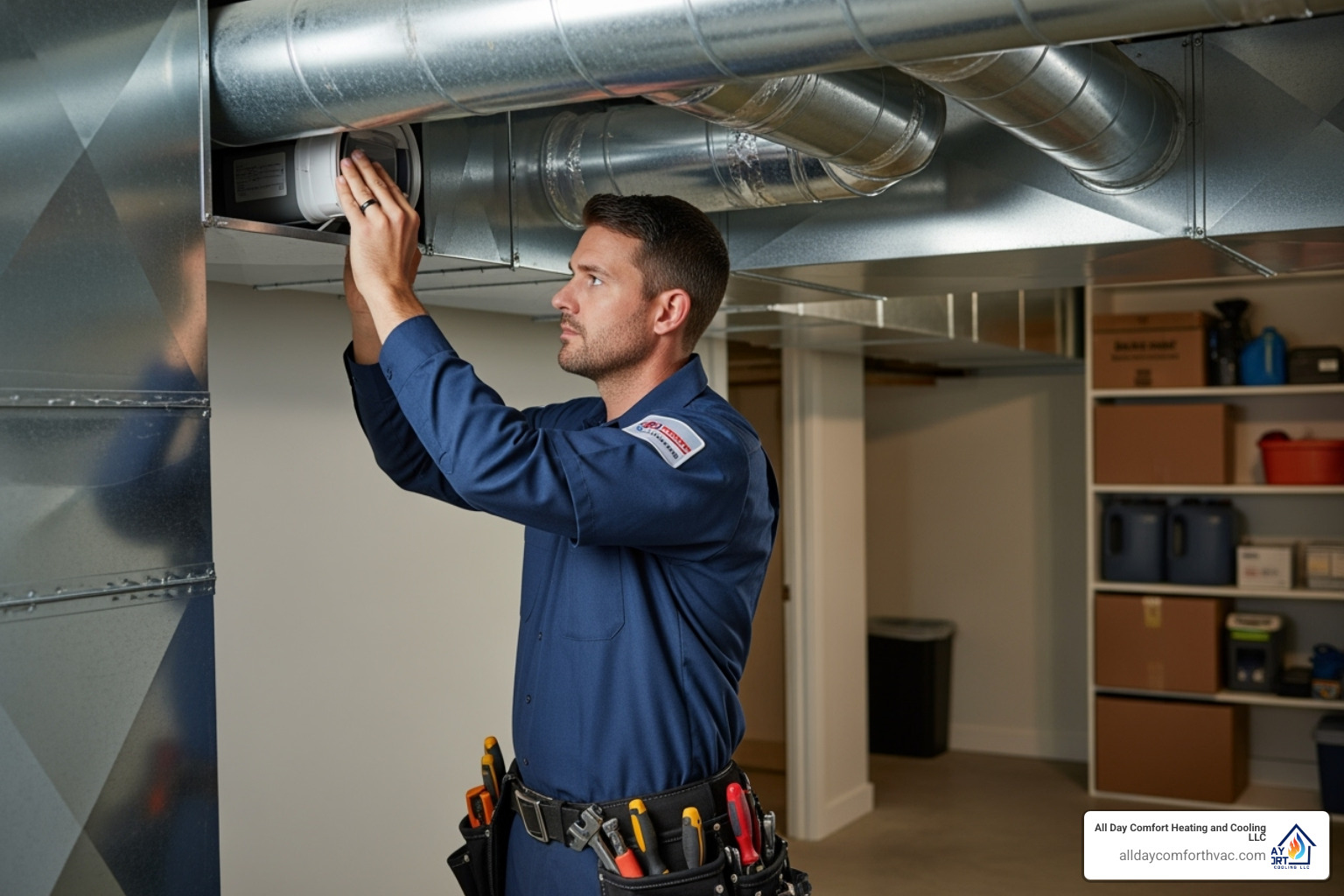 A professional HVAC technician in uniform carefully installing a component of an air purification system into existing ductwork, highlighting precision and expertise. - air purification system install kansas city