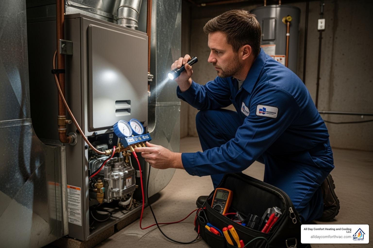 of a professional technician diagnosing a furnace - furnace repair independence mo