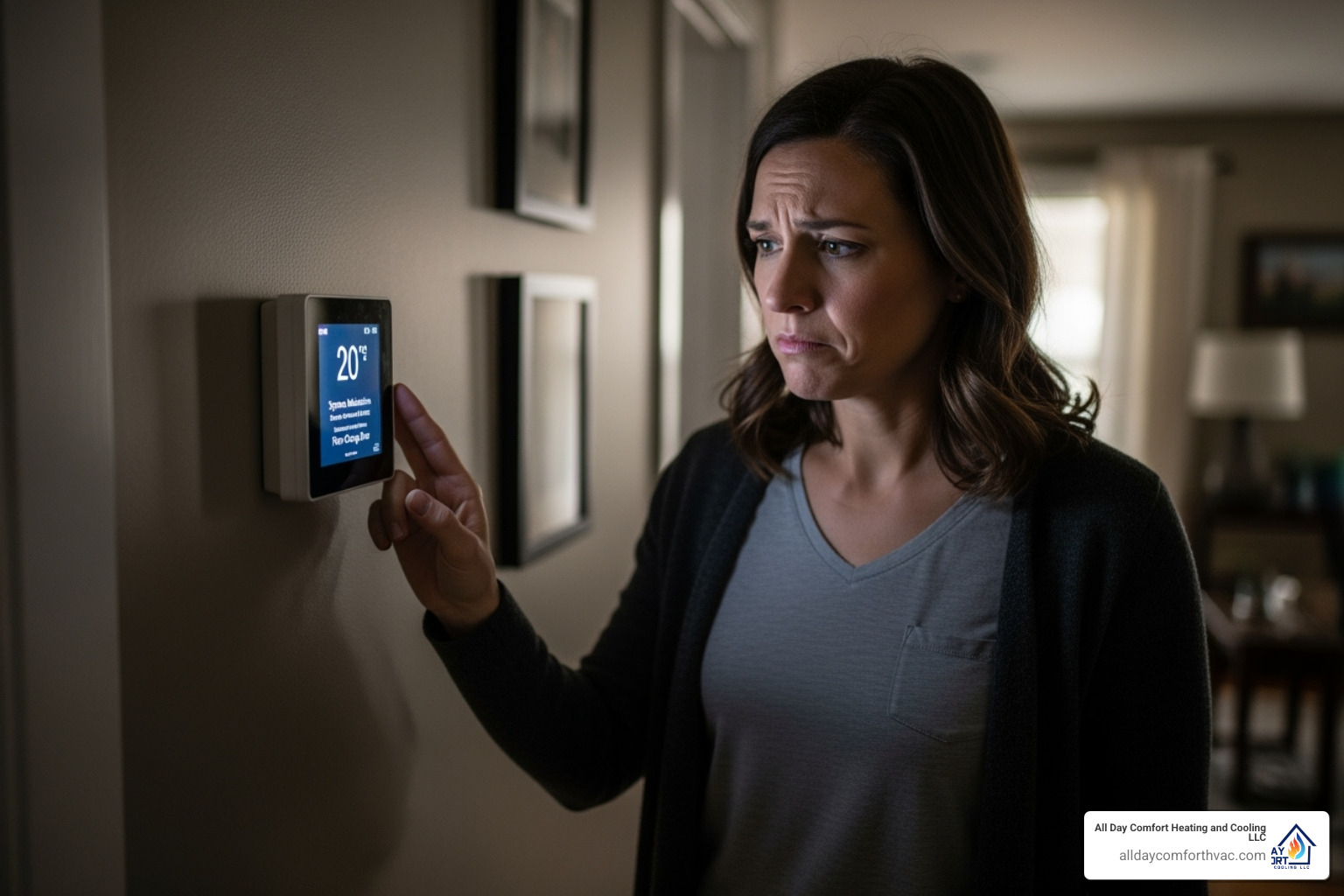 of a homeowner looking at their thermostat with a concerned expression - furnace repair independence mo