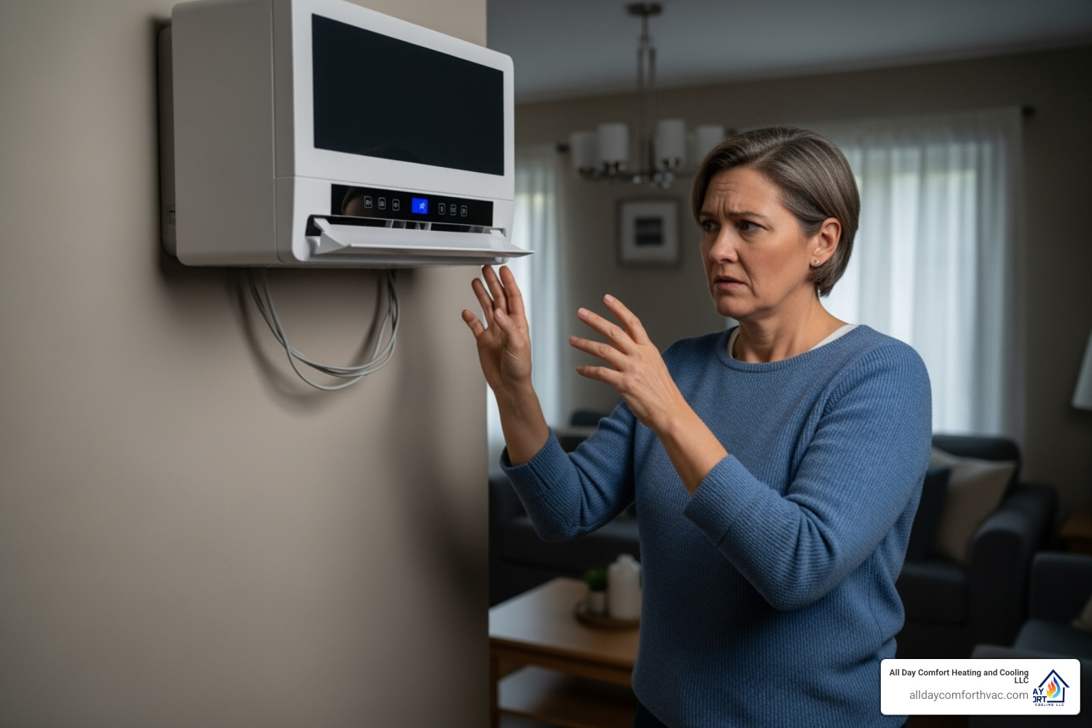 A homeowner looking concerned at a non-working mini-split unit, with a thought bubble above their head indicating frustration. - ductless mini split heat pump repair independence