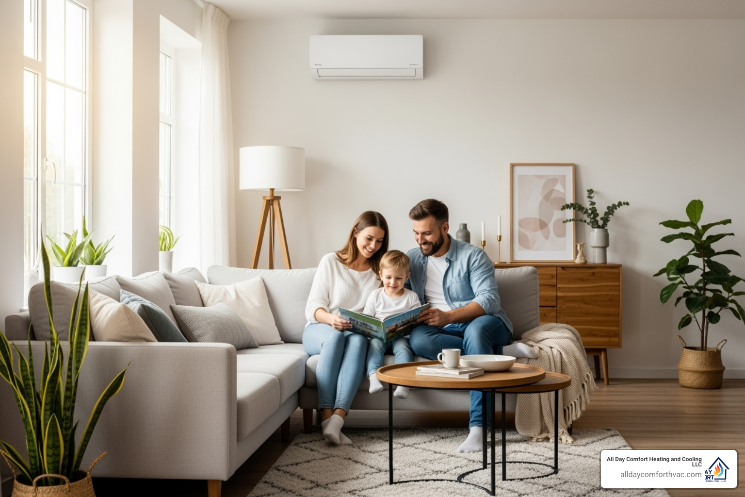 A happy family enjoying a comfortable, well-conditioned room with a sleek ductless unit subtly visible in the background. - ductless mini split heat pump repair independence