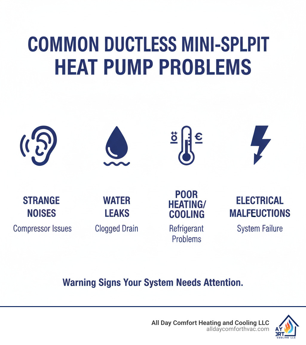 Infographic showing common ductless mini split heat pump problems and their warning signs, including strange noises from compressor issues, water leaks from clogged drains, poor heating/cooling from refrigerant problems, and electrical malfunctions causing system failures - ductless mini split heat pump repair independence infographic 