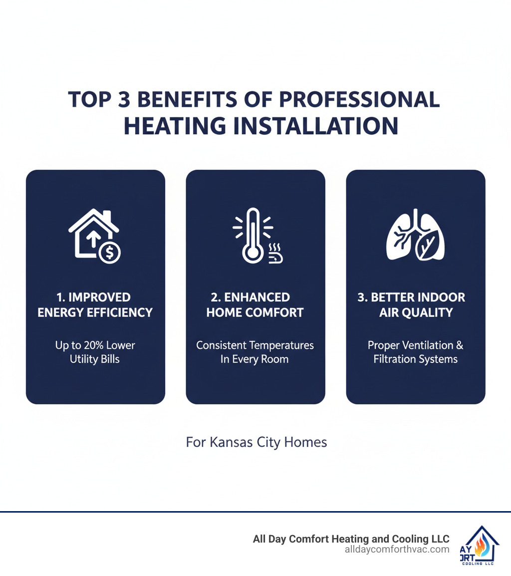 Infographic showing the top 3 benefits of professional heating installation: improved energy efficiency with up to 20% lower utility bills, improved home comfort with consistent temperatures in every room, and better indoor air quality through proper ventilation and filtration systems - hvac heating installation kansas city mo infographic 