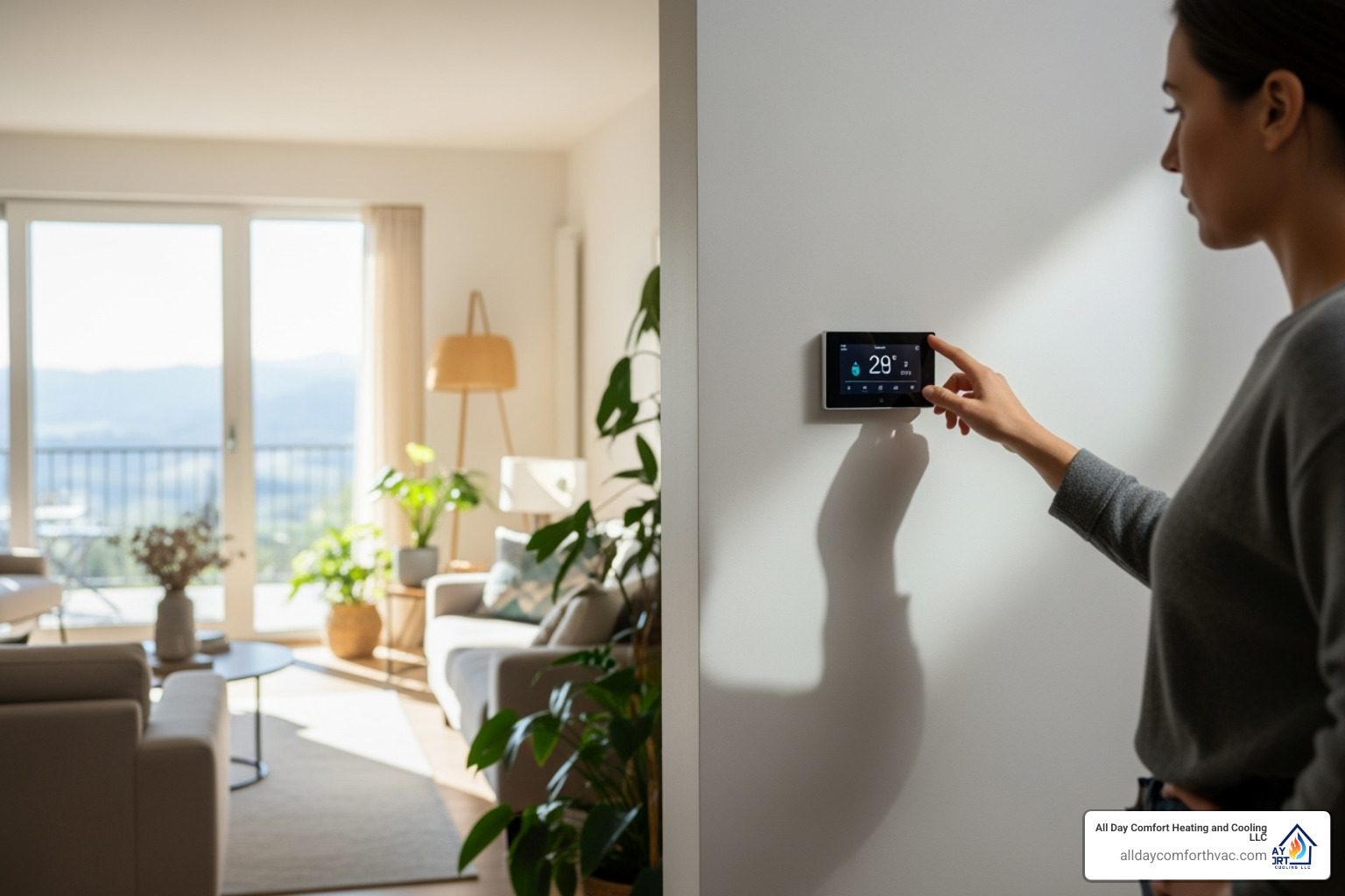 A homeowner checking their thermostat - heater not working repair blue springs mo