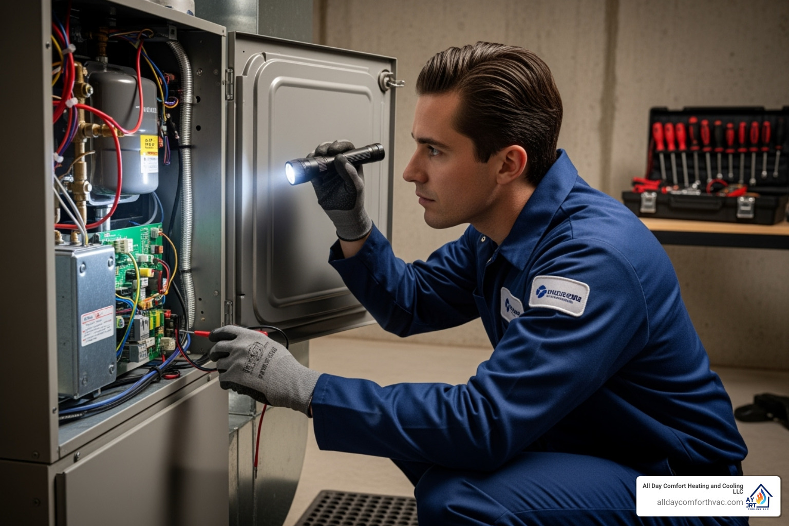 A professional HVAC technician inspecting a furnace unit - heater not working repair blue springs mo