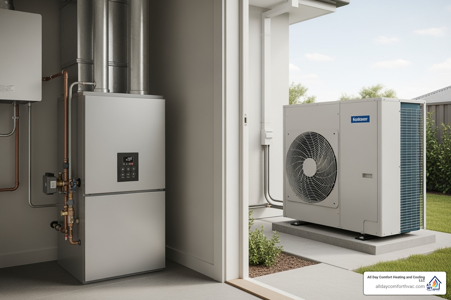A modern high-efficiency furnace positioned next to an outdoor heat pump unit, both installed cleanly in a residential setting. - hvac heating installation kansas city mo
