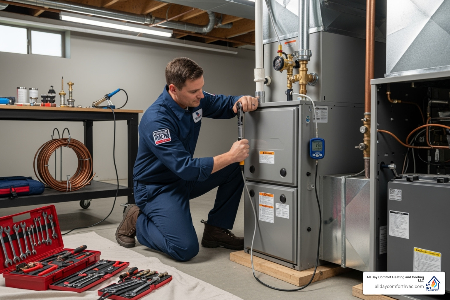 A certified HVAC technician carefully installing a new furnace, with tools neatly organized in a clean workspace, emphasizing precision and professionalism. - hvac heating installation kansas city mo