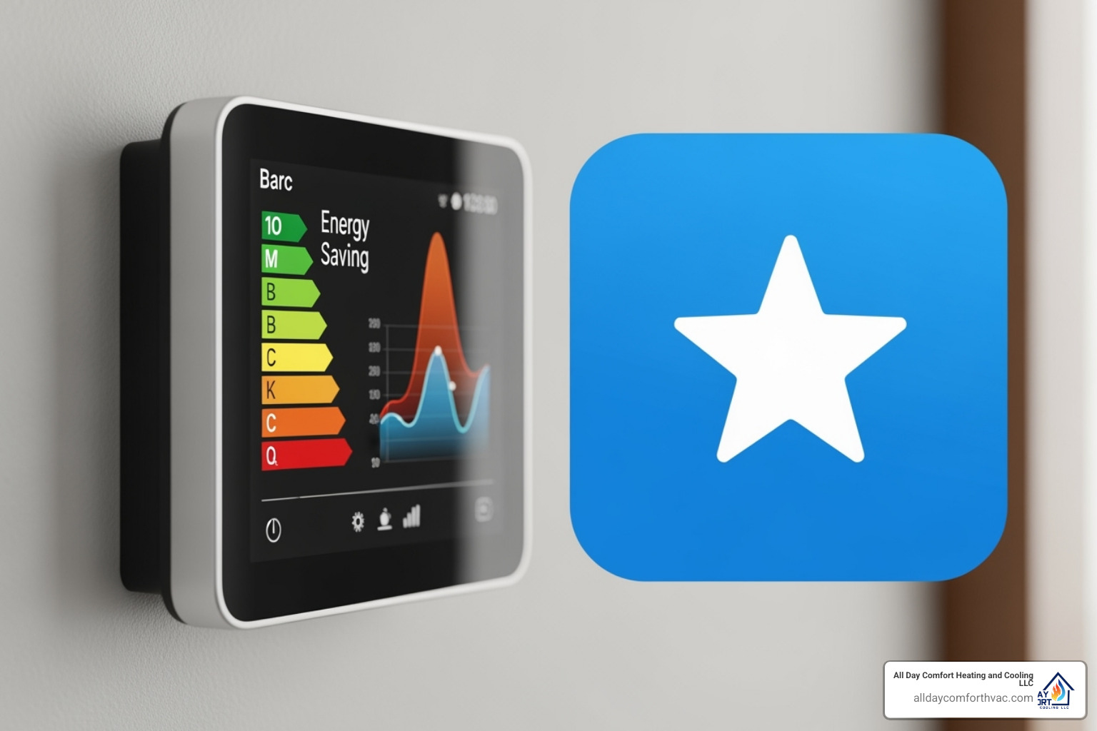 An ENERGY STAR logo prominently displayed next to a sleek smart thermostat, which shows energy savings data on its screen, symbolizing efficiency and modern home comfort. - hvac heating installation kansas city mo