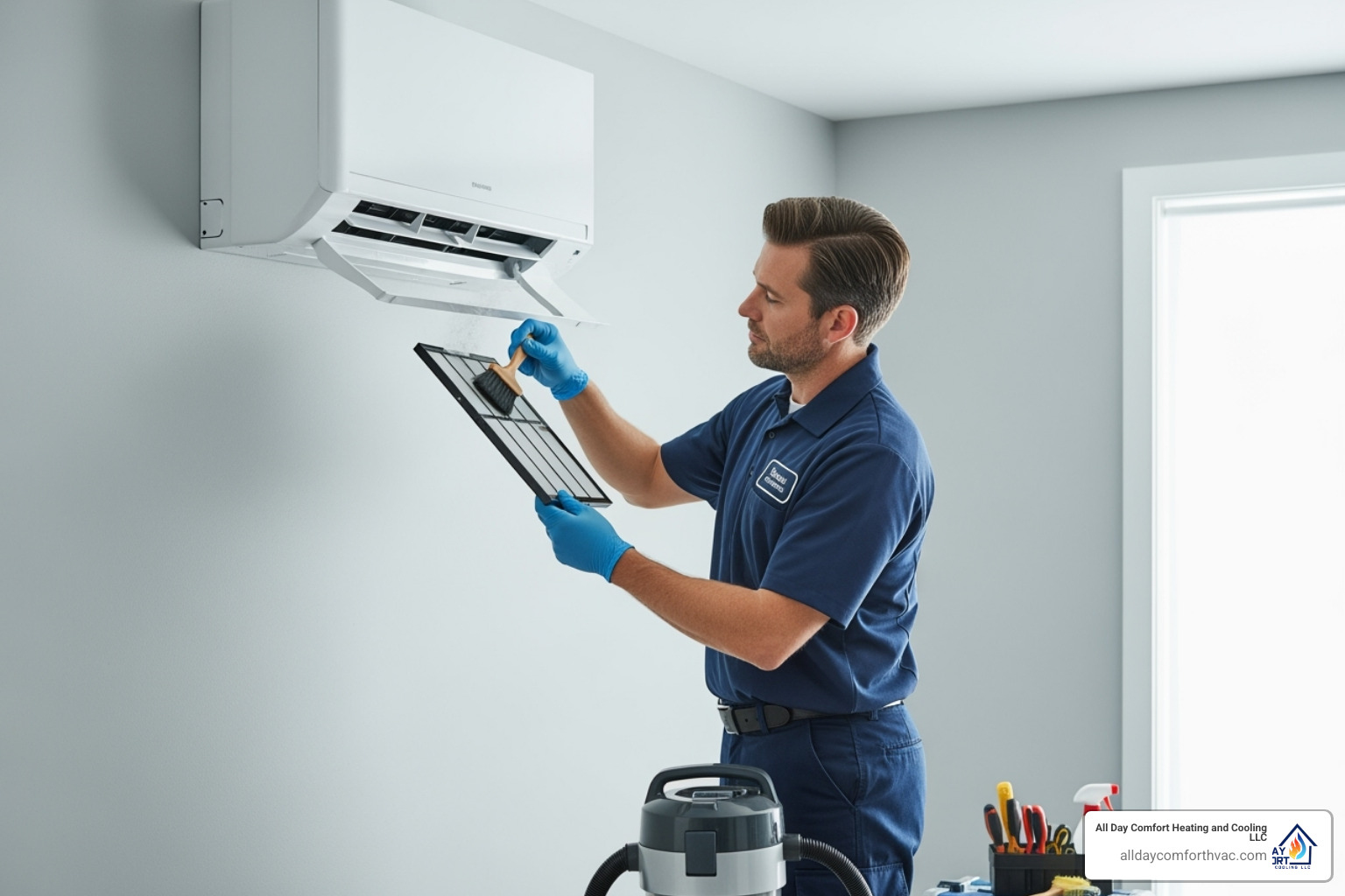 A professional HVAC technician wearing a uniform and gloves is diligently cleaning the filter of an indoor ductless mini-split unit. The unit is mounted on a wall in a clean, modern room, highlighting the importance of regular maintenance. - ductless heat pump install blue springs mo