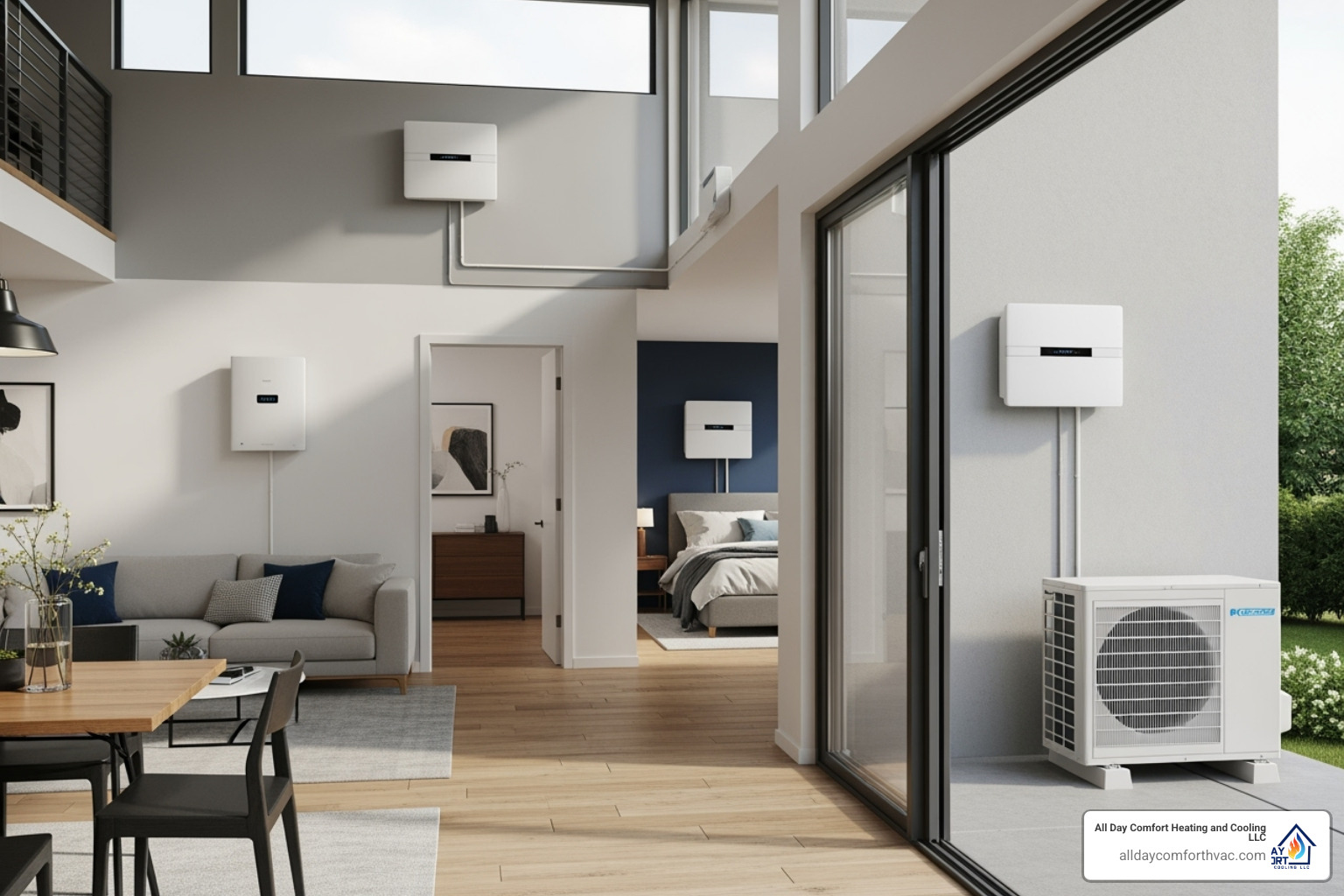 An image showing a multi-zone ductless mini-split setup with one outdoor unit connected to several sleek indoor units mounted on walls in different rooms of a modern home. - ductless heat pump install blue springs mo