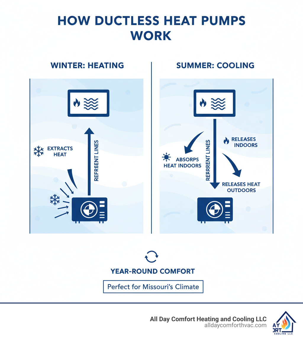 Infographic showing how ductless heat pumps work: outdoor unit extracts heat from outside air in winter and transfers it indoors via refrigerant lines to wall-mounted indoor units, with arrows showing heat transfer process and seasonal operation modes - ductless heat pump install blue springs mo infographic 