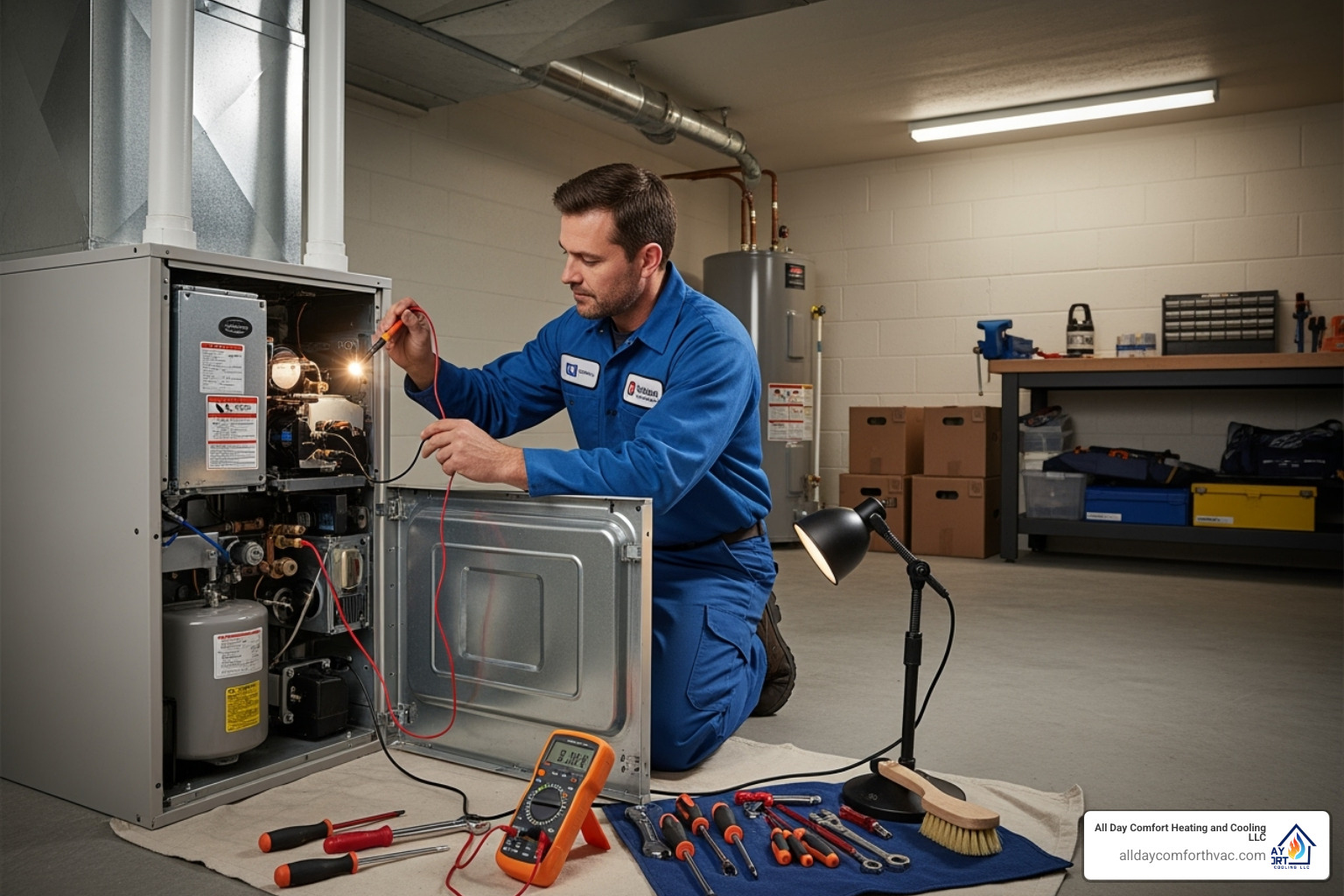 A technician performing a furnace tune-up - residential heating repair raytown mo