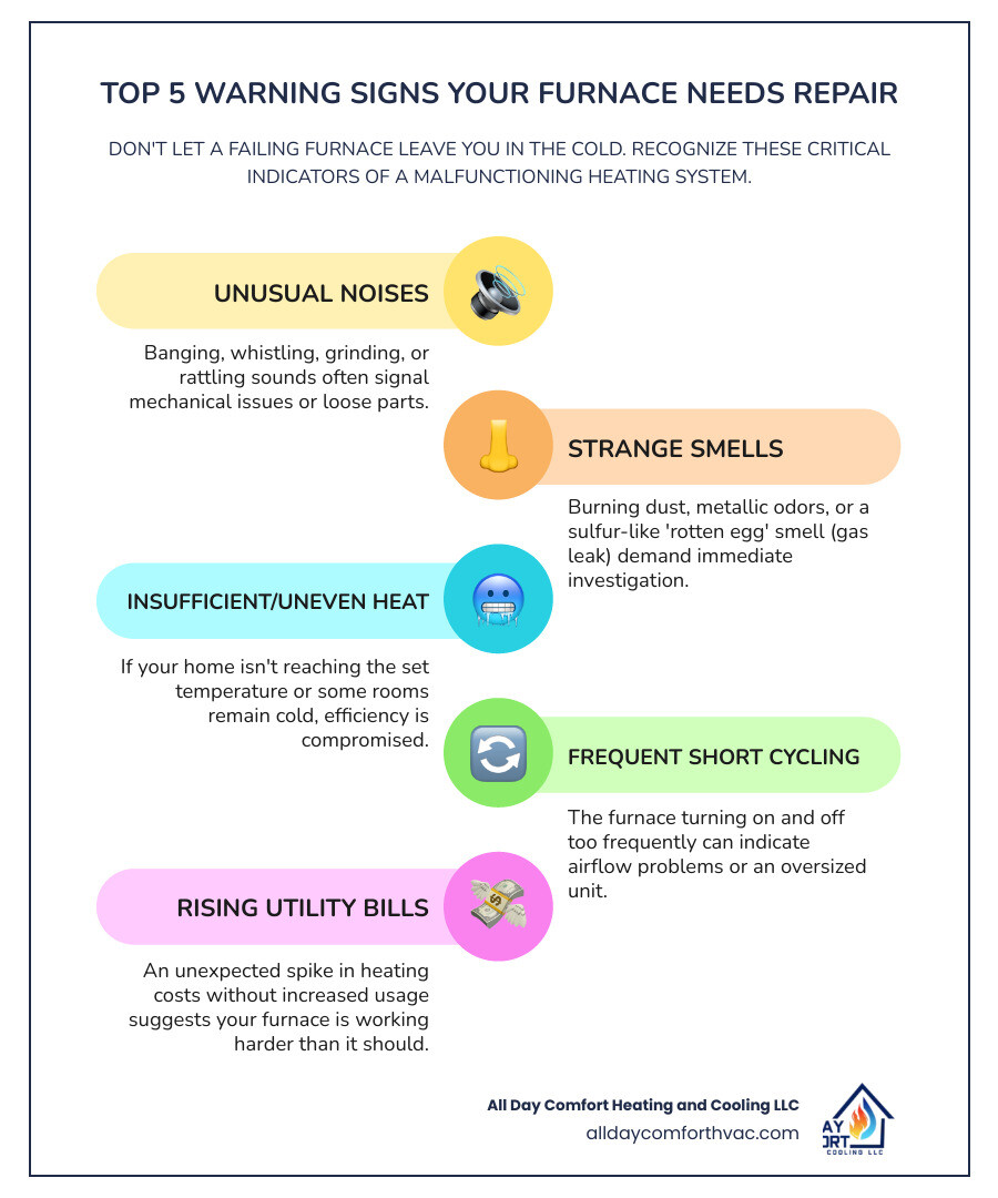 Infographic showing the top 5 warning signs that indicate a furnace needs professional repair: unusual noises like banging or rattling, strange burning or gas odors, insufficient or uneven heating throughout the home, frequent on-off cycling, and rising utility bills without increased usage - residential heating repair raytown mo infographic infographic-line-5-steps-colors