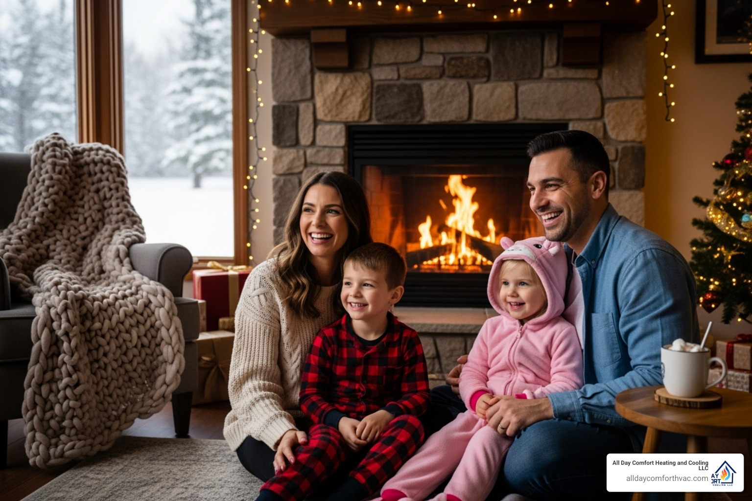A happy family enjoying a warm home in winter - residential heating repair raytown mo