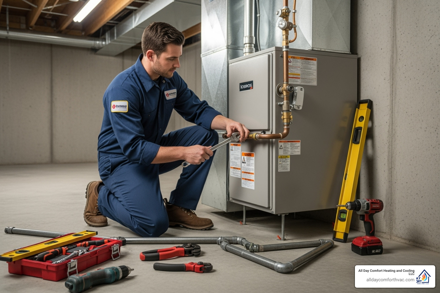 Professional technician performing a furnace installation, carefully connecting pipes - affordable furnace installation lee's summit