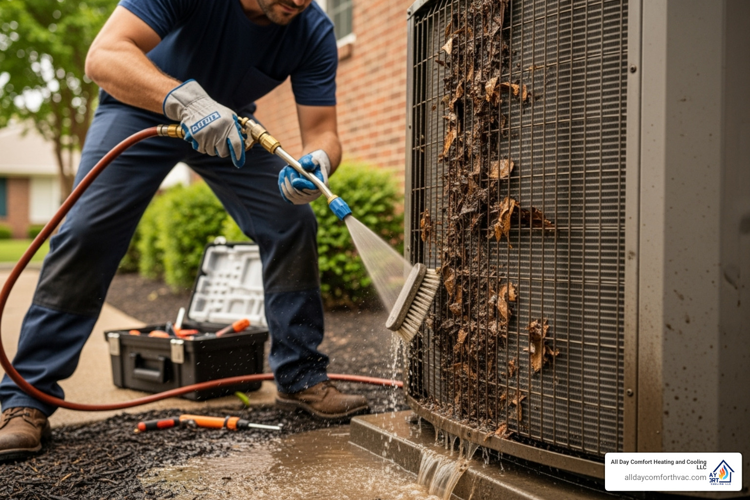 A technician cleaning a dirty outdoor AC unit - 24 hour ac repair kansas city mo