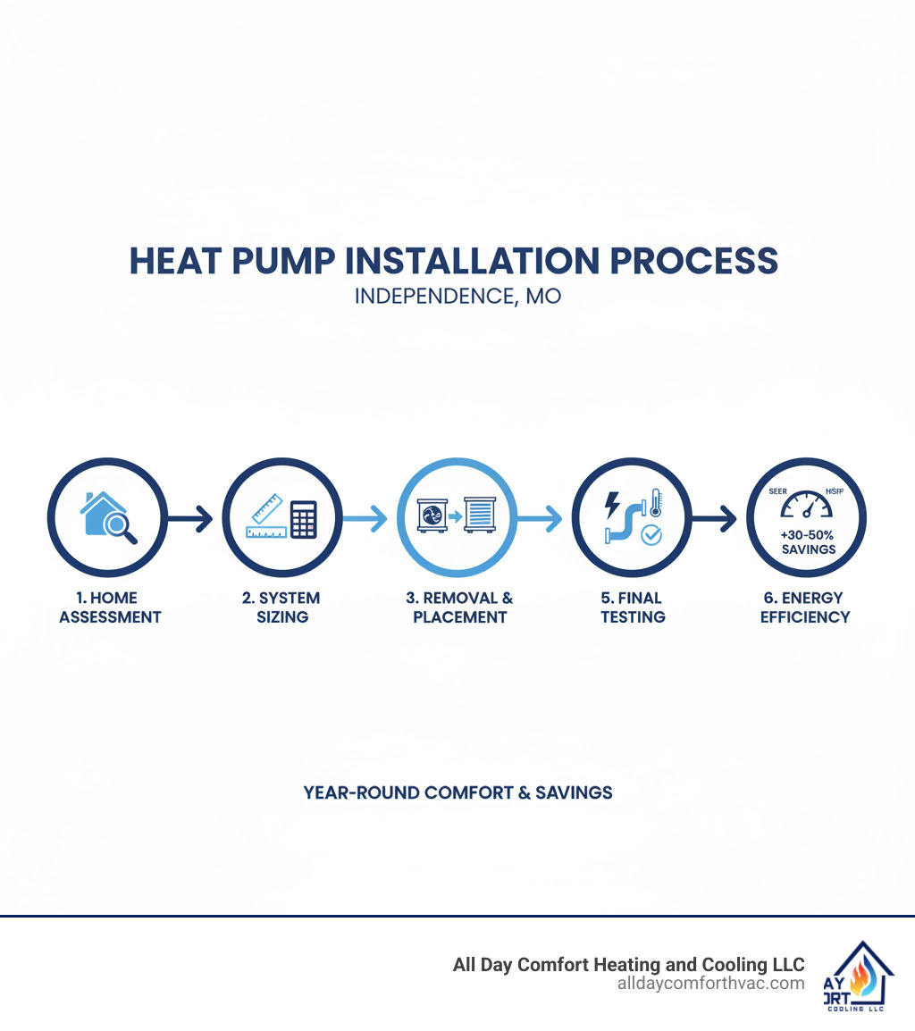 Comprehensive infographic showing heat pump installation process in Independence MO, including home assessment, system sizing calculations, removal of old HVAC equipment, placement of outdoor and indoor units, electrical connections, refrigerant lines, and final system testing with energy efficiency ratings - heat pump install independence mo infographic 