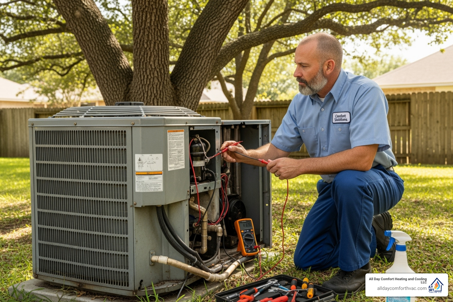 technician inspecting an old HVAC unit - heat pump install independence mo