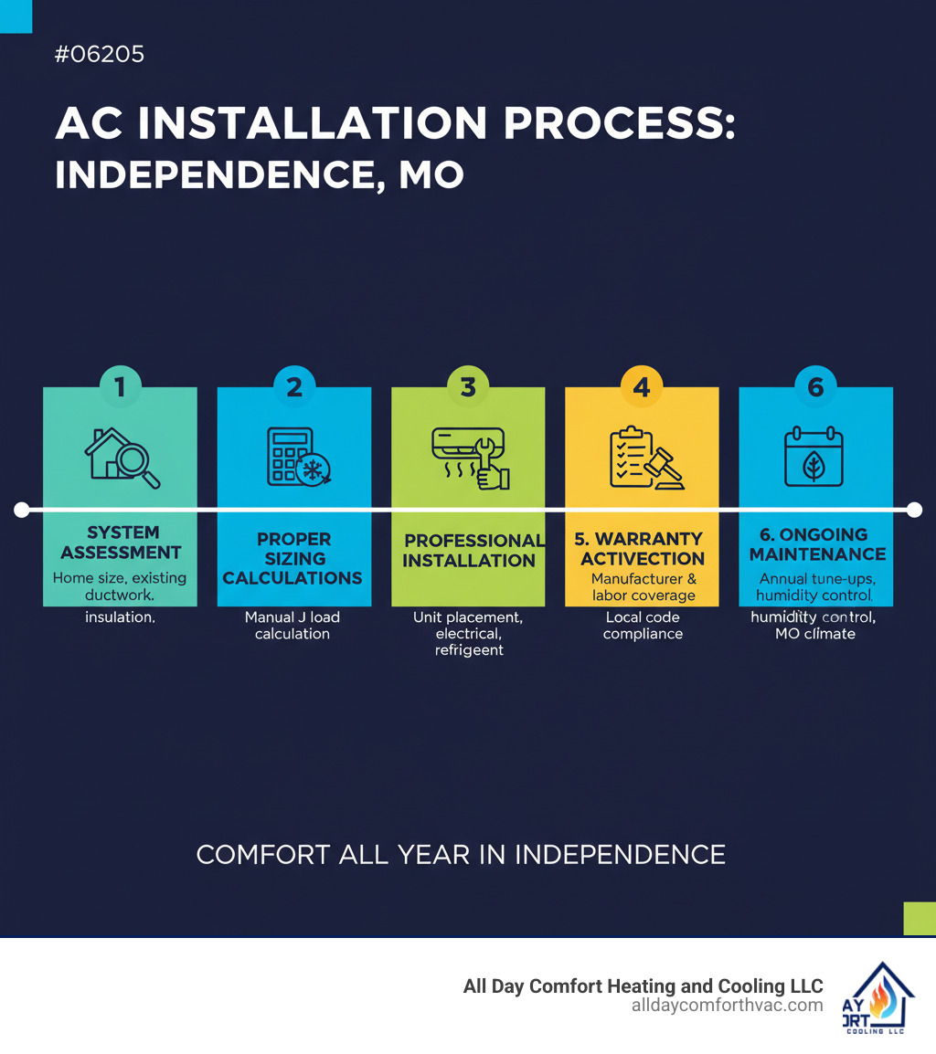 Comprehensive infographic showing the AC installation process in Independence MO, including system assessment, proper sizing calculations, professional installation steps, permits and inspections, warranty activation, and ongoing maintenance schedule with local climate considerations - ac installation independence mo infographic 