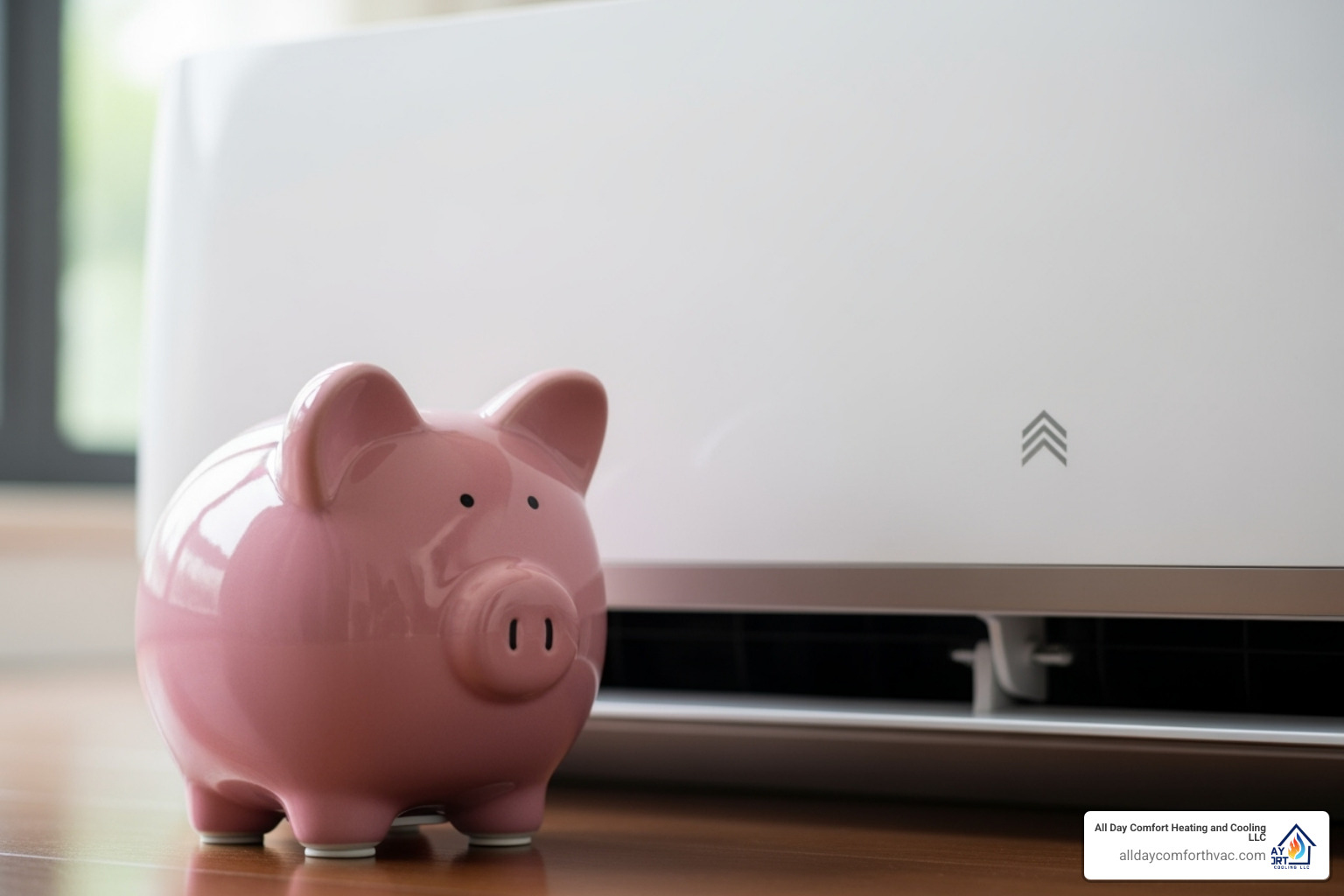 Piggy bank next to an energy-efficient AC unit logo - ac installation independence mo