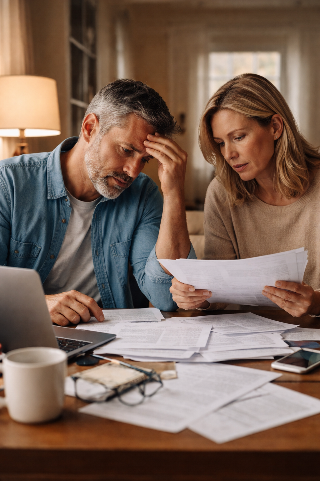 Couple Overwhelmed by paperwork at kitchen table