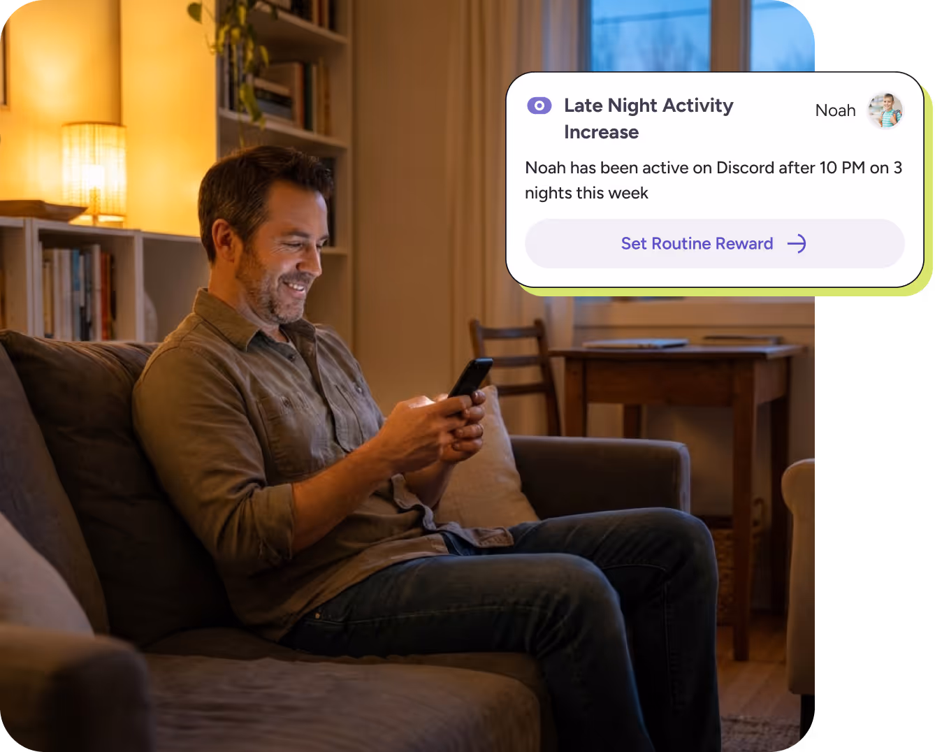 Man sitting on a couch in a warmly lit room, smiling while using his smartphone with a notification about increased late night Discord activity.