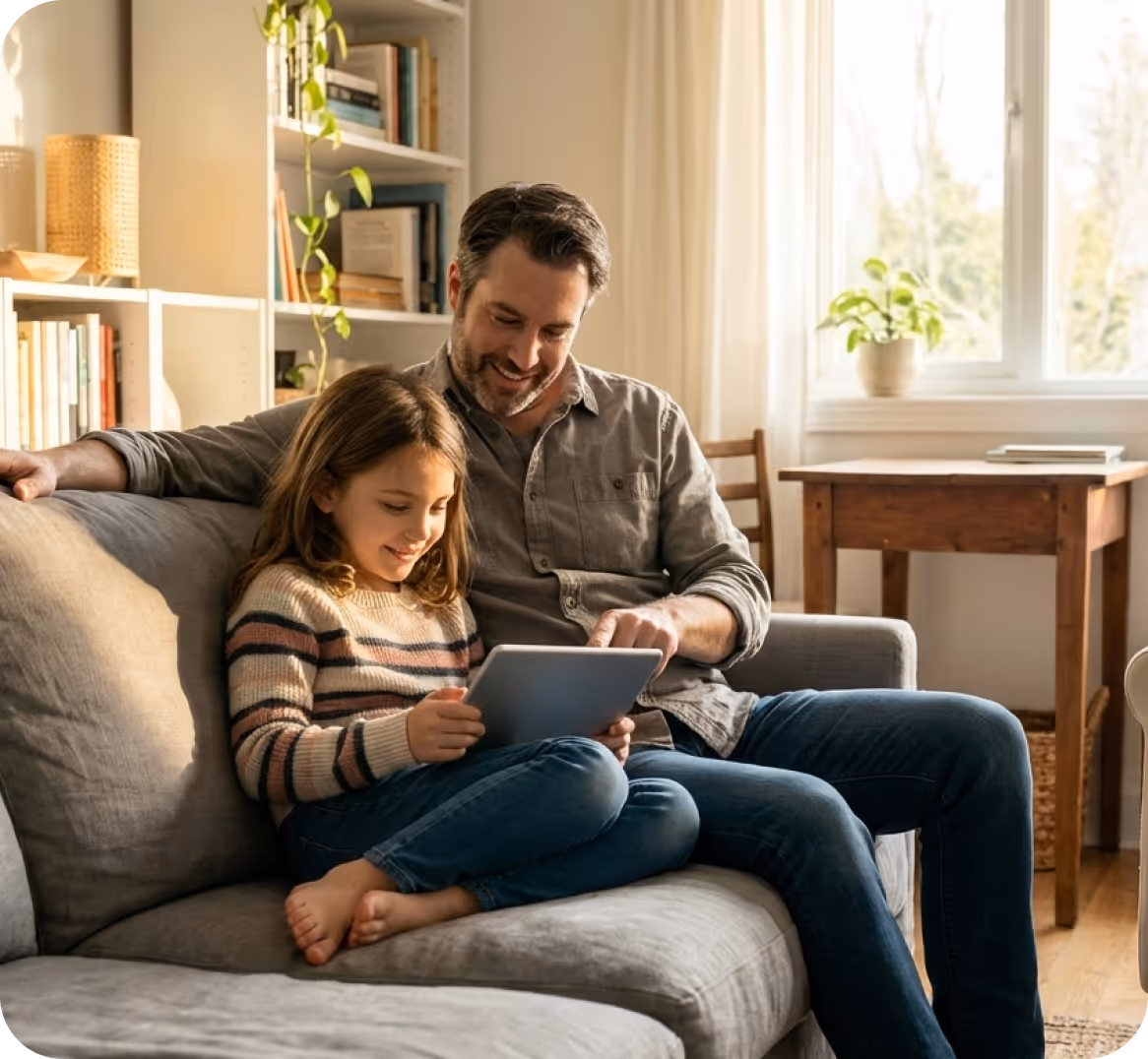 Father and daughter sitting on a sofa smiling while looking at a tablet together in a cozy, well-lit living room.