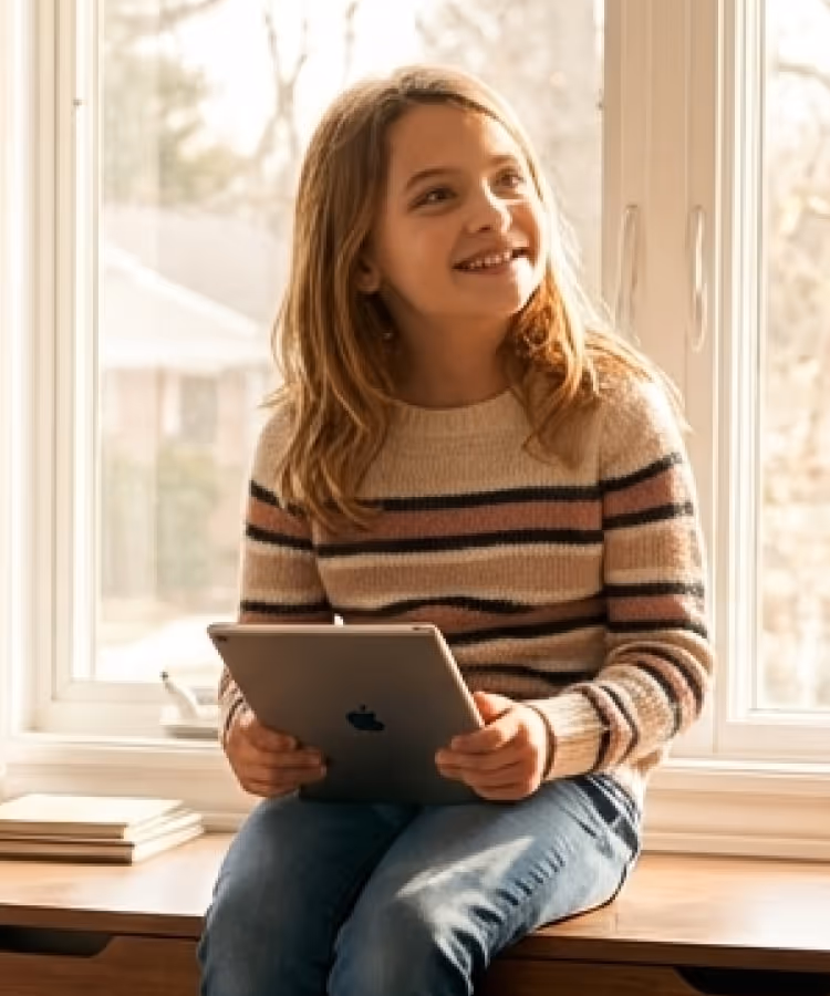 Smiling girl with long hair sitting by a window holding an iPad, wearing a striped sweater and jeans.