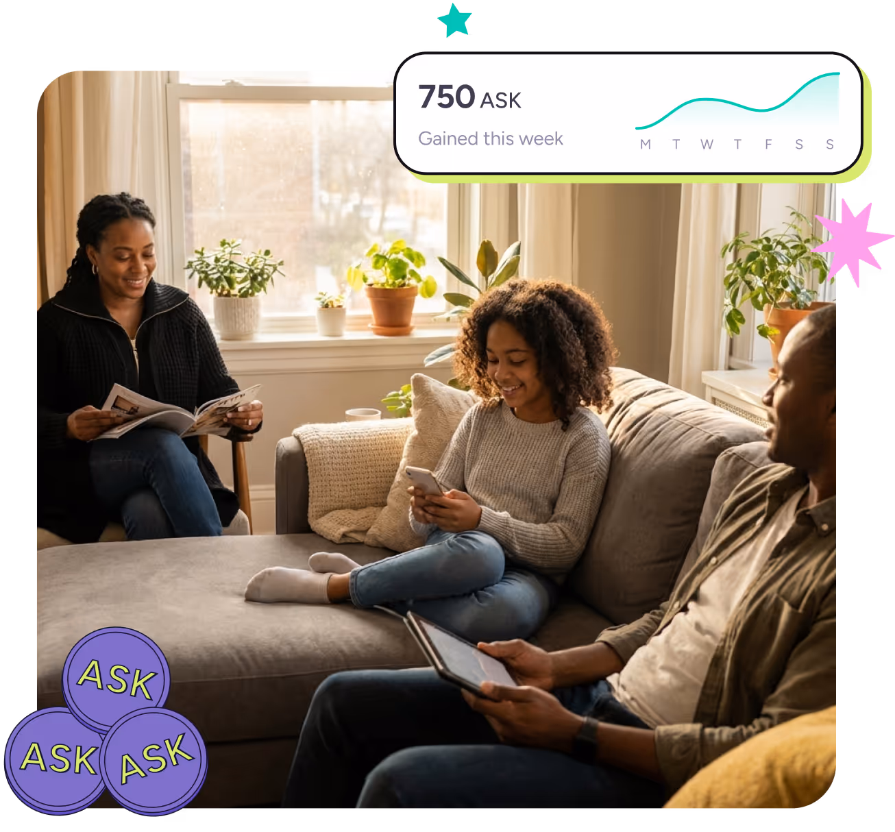 Three family members sitting in a cozy living room; one reading a magazine, one using a smartphone, and one holding a tablet, with houseplants on the windowsill.