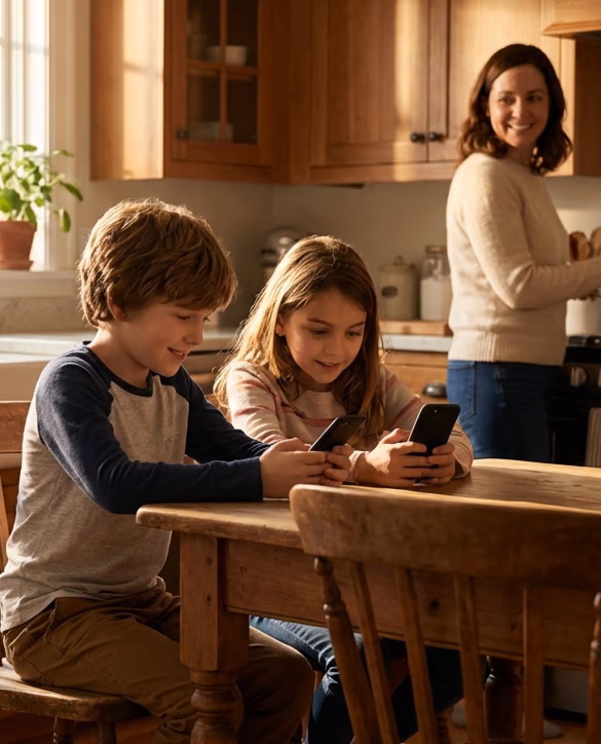 Two children sitting at a wooden kitchen table, smiling and looking at their smartphones, while a woman stands in the background cooking.