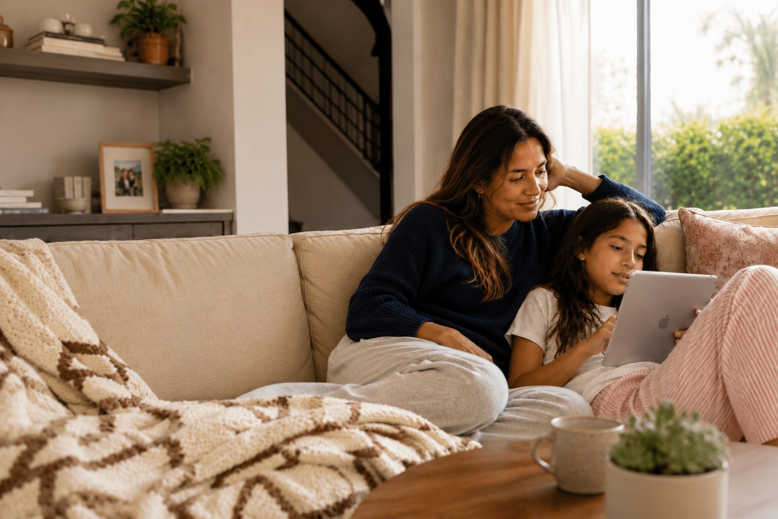 A mother and daughter sitting together on the couch with a tablet in warm afternoon light