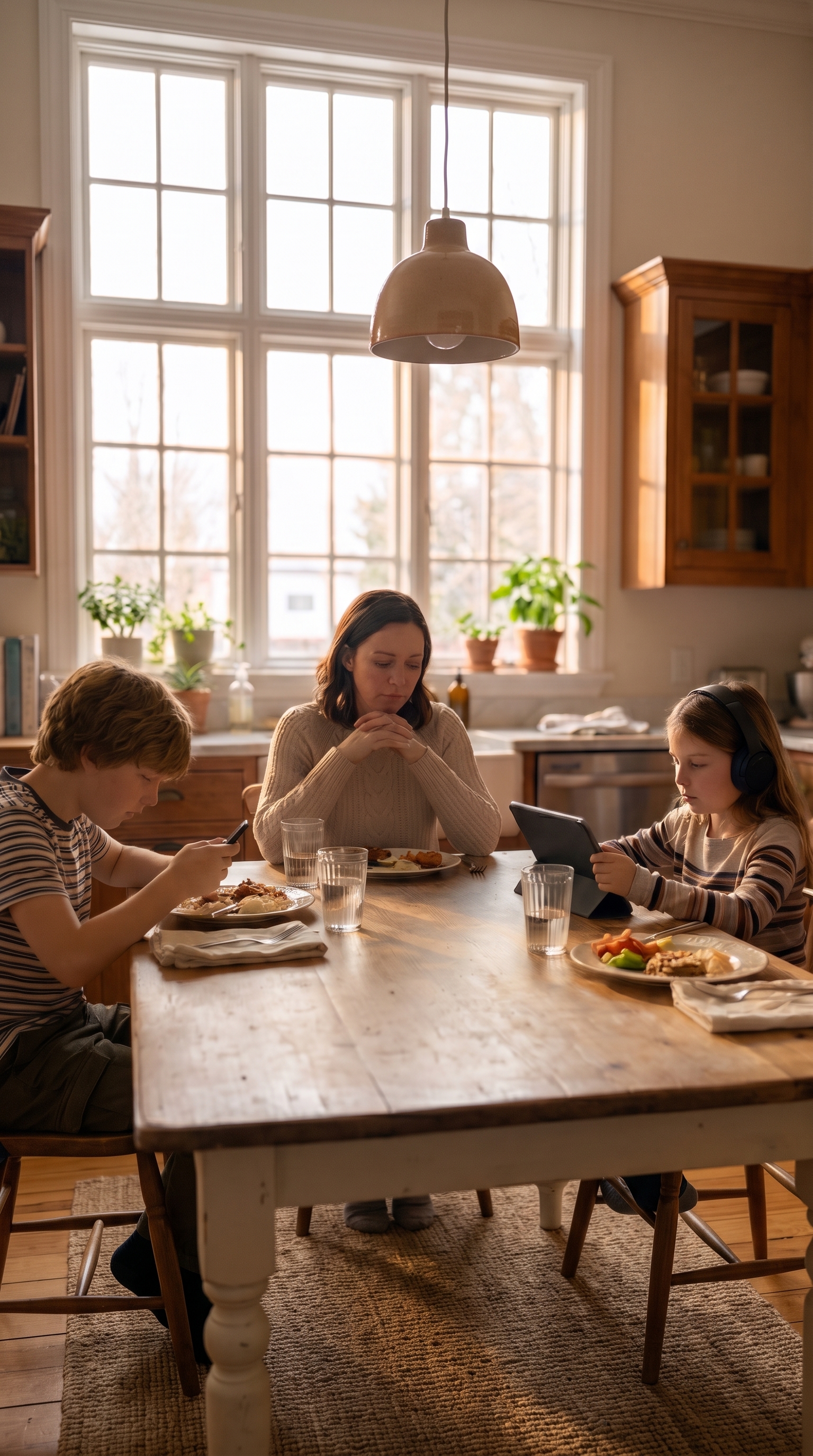 A mother and two children at the dinner table in late afternoon light, each absorbed in a screen