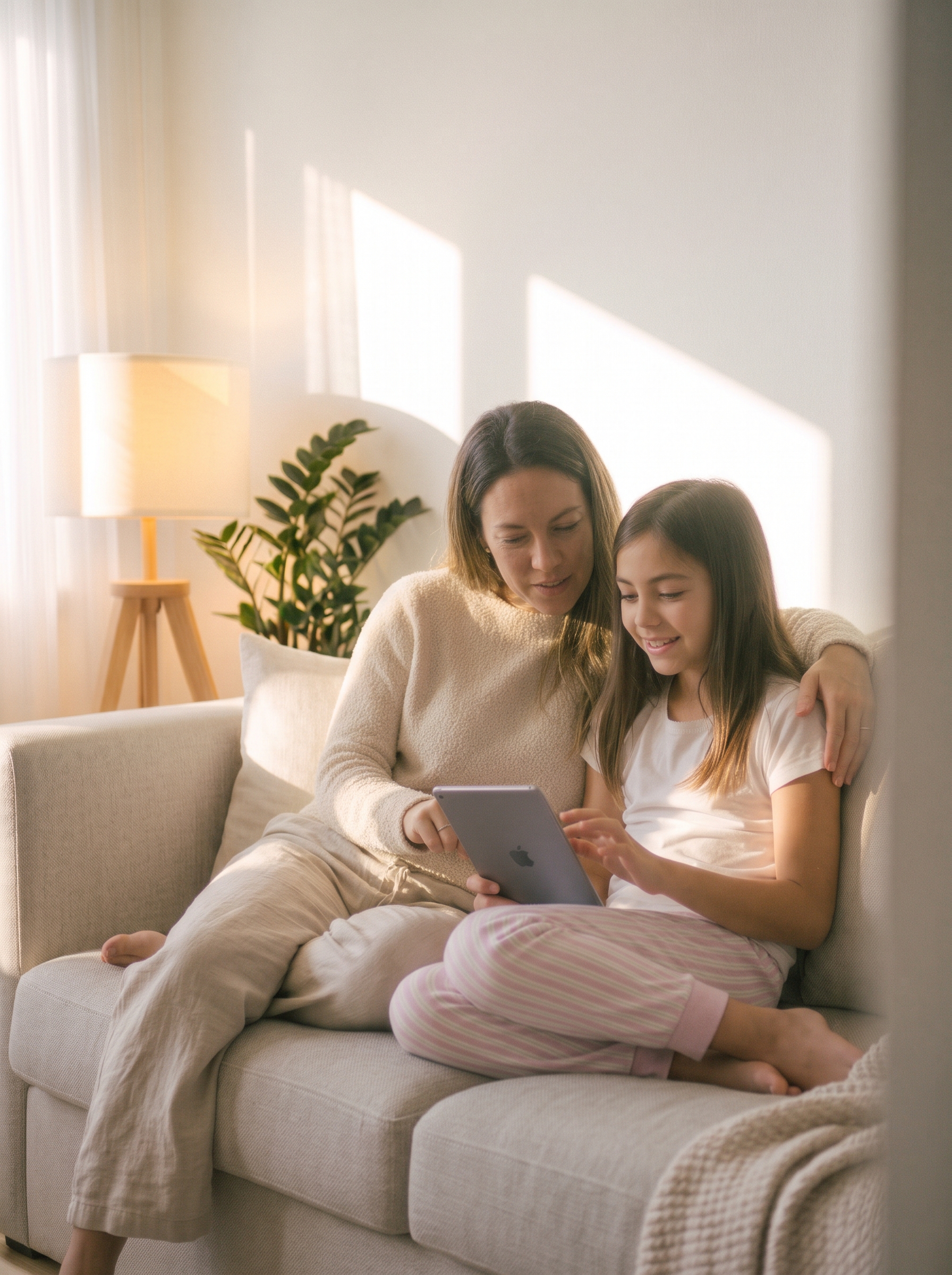A mother with her arm around her smiling daughter, sharing a tablet on a sofa in warm afternoon light