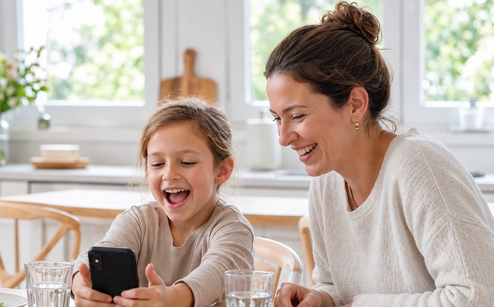 A mother and daughter laughing together over a phone at the kitchen table