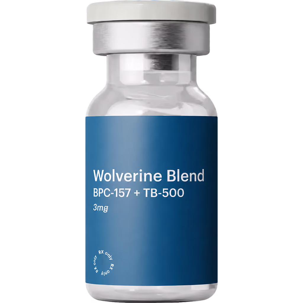 Small vial with blue label reading Wolverine Blend BPC-157 + TB-500 5mL 10mg, prescription only.