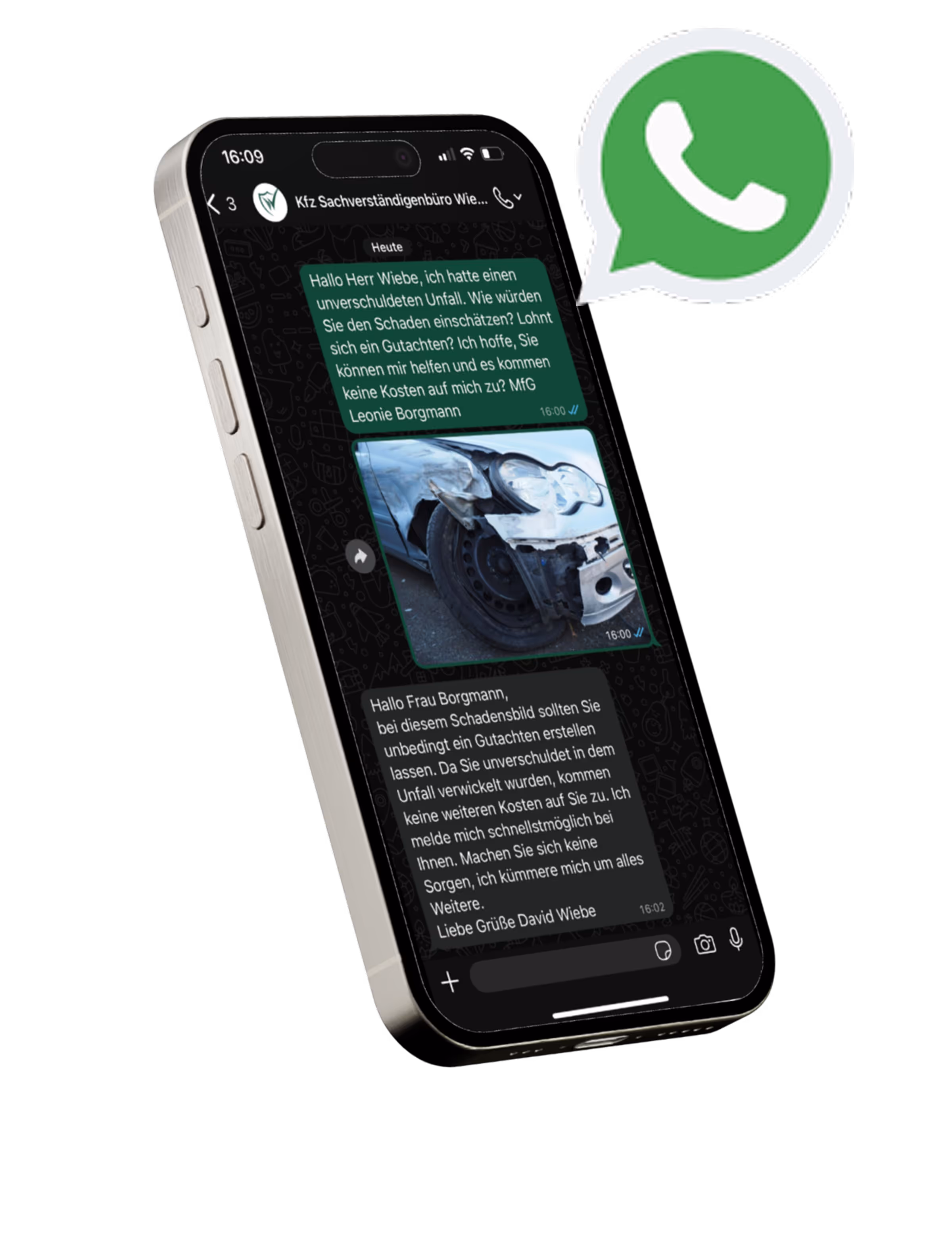 Smartphone showing a WhatsApp conversation in German about a car accident with a photo of a damaged vehicle and the WhatsApp logo above.