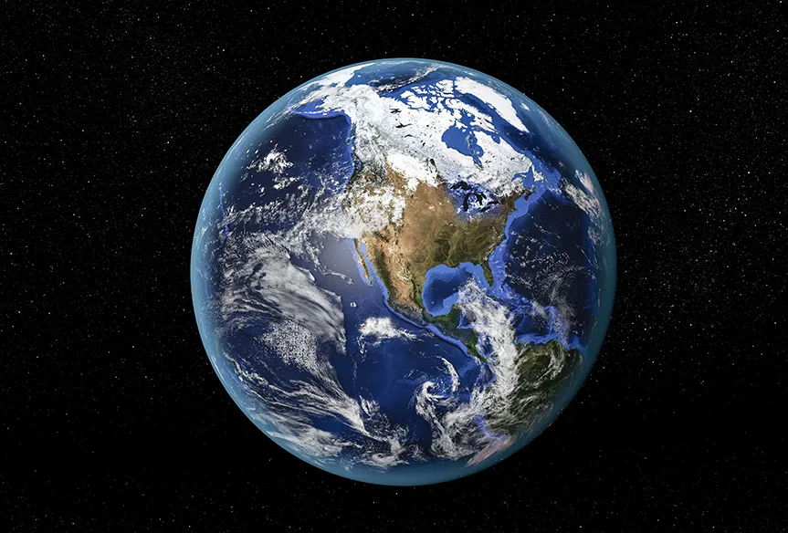 View of Earth from space showing North America, Central America, and parts of South America with cloud cover and surrounding stars.