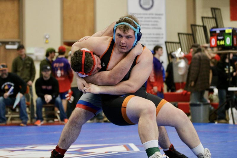 Gavin Springer took 1st place in the 285 pound weight class at the Pine Eagle Tournament in Halfway, OR on Saturday.Photo credit: Abby Ochoa