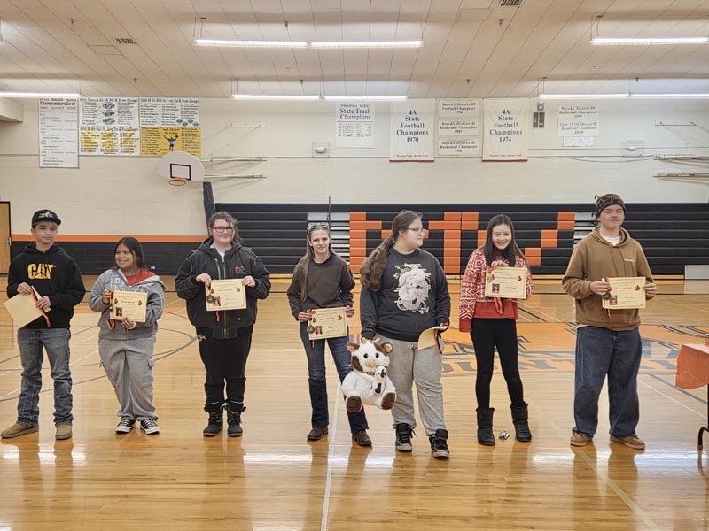 Meadows Valley High School first semester Honor Roll students. L-R: Elyjah Eckhart, Jannette Montemira Flores, Dakoda Larimore, Stephanie Top, Skylee Radford, Mary Reynaga, Harper Hines. Photo credit: Rachel Reynaga