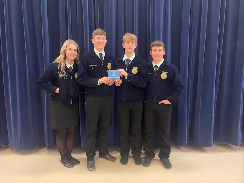 Cambridge FFA Team members L to R: MacKee Nichols, Kellan Moura, JD Dunham, Jack Papineau. This team placed first overall and advances to state competition in April. Photo credit: Cambridge FFA.