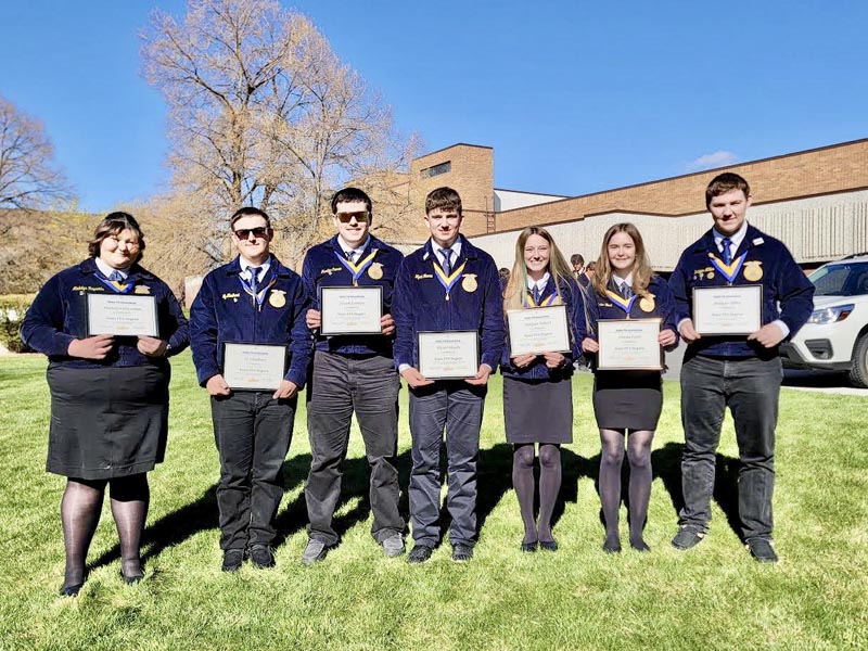 State Degree Recipients: (L to R): Madalyn Reynolds, Ty Gladhart, Frankie Crocco, Wyatt Moura, Morgan Tabert, Emma Miller, Bridger Miller. Photo courtesy of Cambridge FFA.