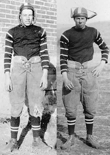 These photos showing Council High School football players Fred (Dick) Mink (left) and Joe Hancock in 1925 seem to show no padding on their upper body, leather headgear and no face protection.