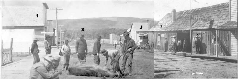 This composite photo is looking west on Moser Avenue. This horse has been thrown because he wouldn’t cooperate when being shod. Bill Winkler is the big man above rear of horse and is also visible in front of the blacksmith shop in the right portion of the combined photos. The Council Journal newspaper office is in right rear. The building at left may be Steve Richardson’s store that stood where the Senior Center is today and was formerly the site of the Pomona Hotel.