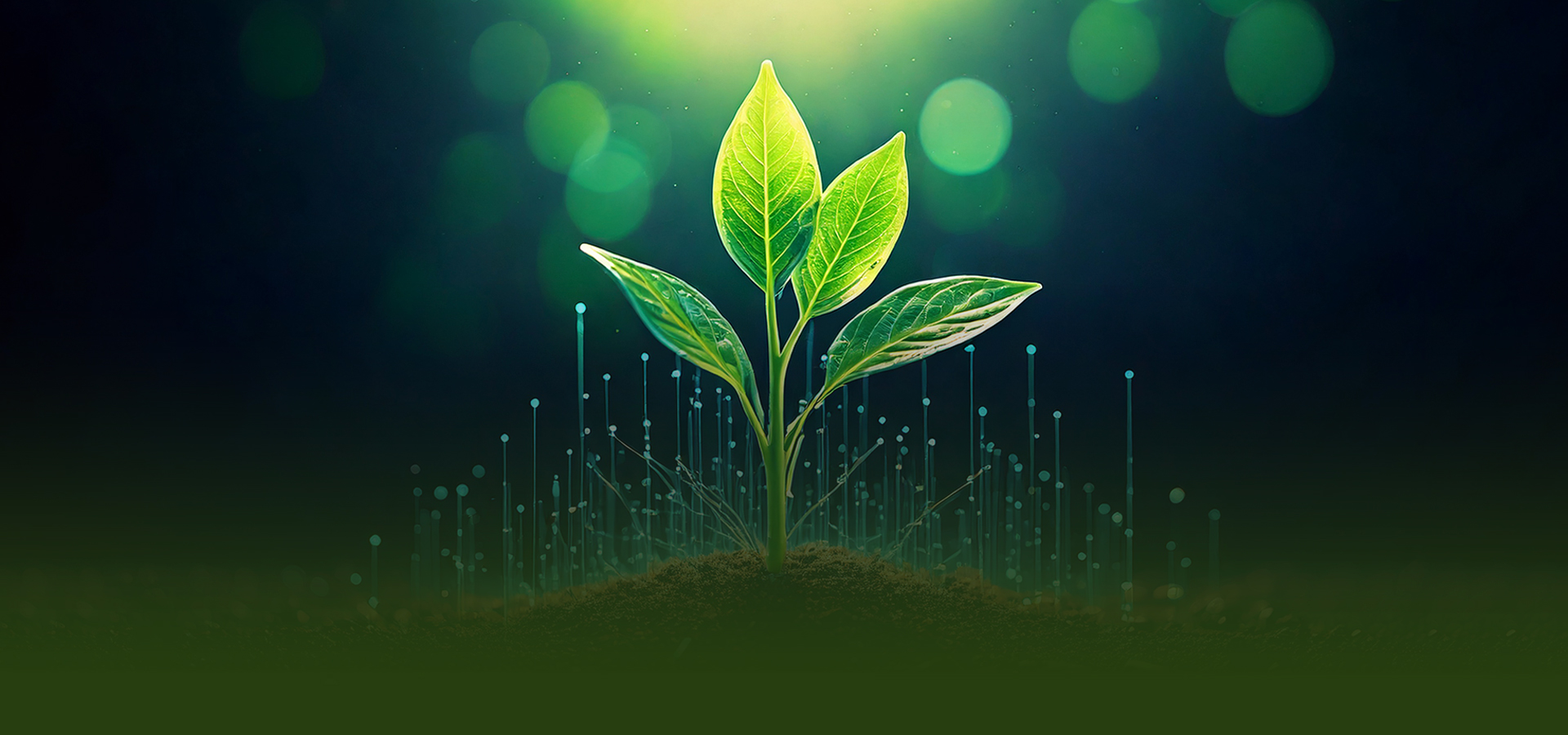 Plántula verde creciendo sobre un entramado de puntos digitales