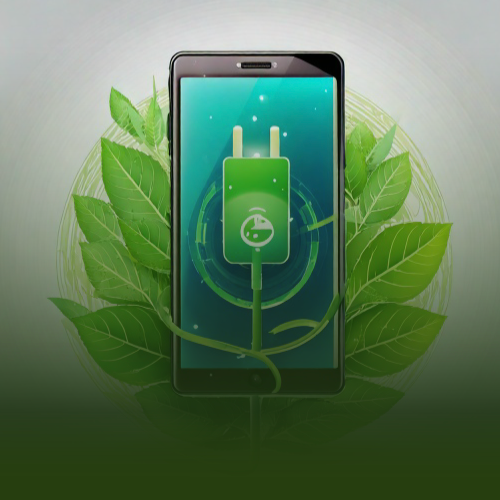 Teléfono móvil cargándose rodeado de hojas verdes